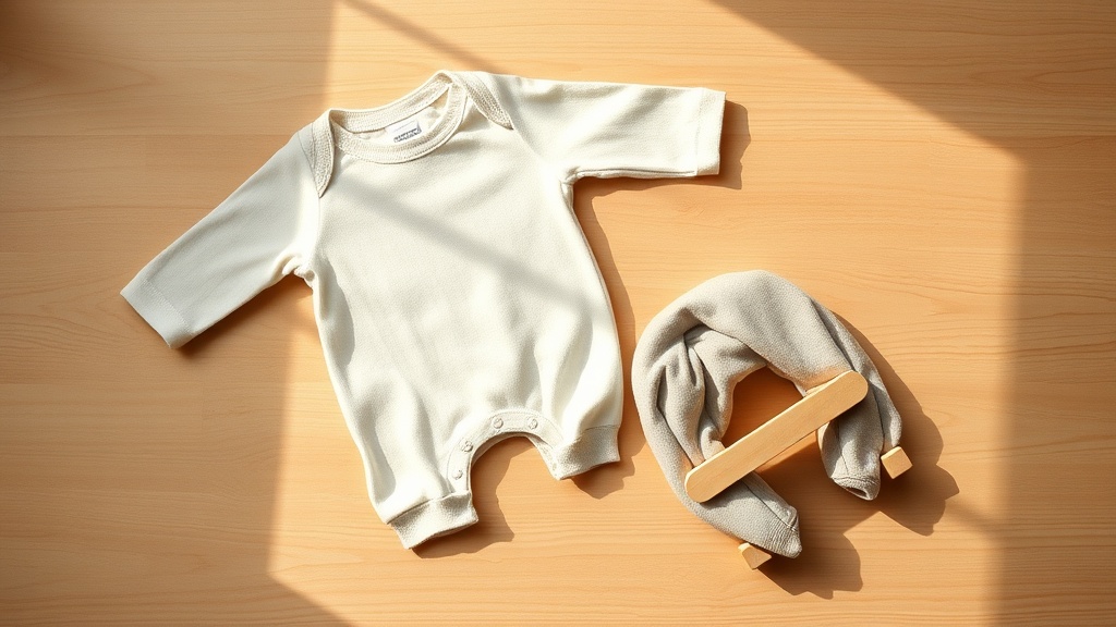 Organic cotton baby clothes and wooden toy on oak wood surface with soft natural lighting