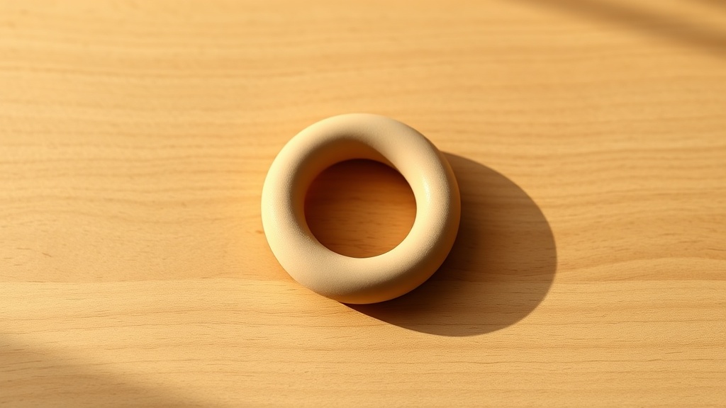 Natural rubber teething ring on oak wood surface with soft natural lighting
