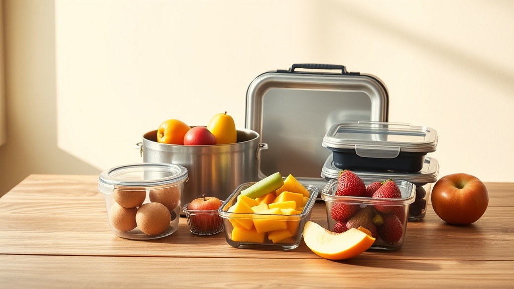 Stainless steel lunch box and glass food containers with fresh fruit on oak wood surface