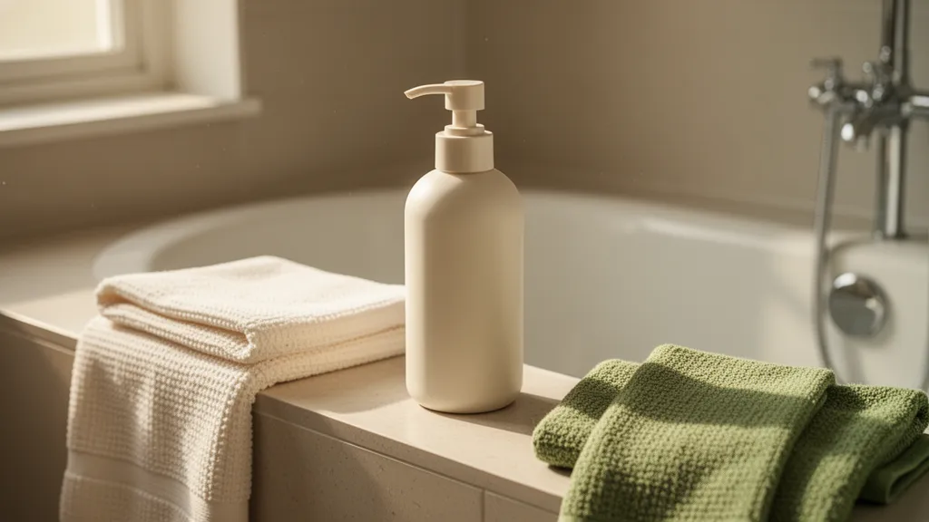 Blank cream baby-care pump bottle turned away beside a towel on a bathtub ledge