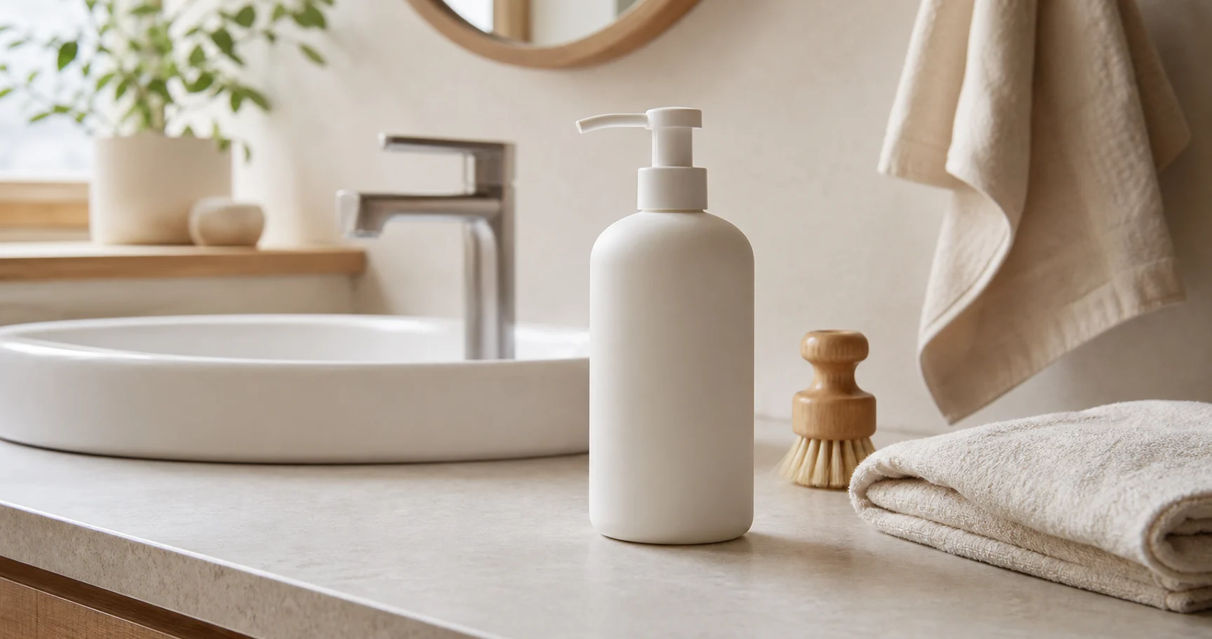 Plain unlabeled hand soap pump beside a wooden nail brush and undyed cotton towel