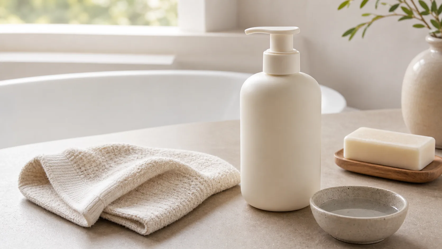 Plain baby wash bottle beside an undyed cotton washcloth and ceramic bowl