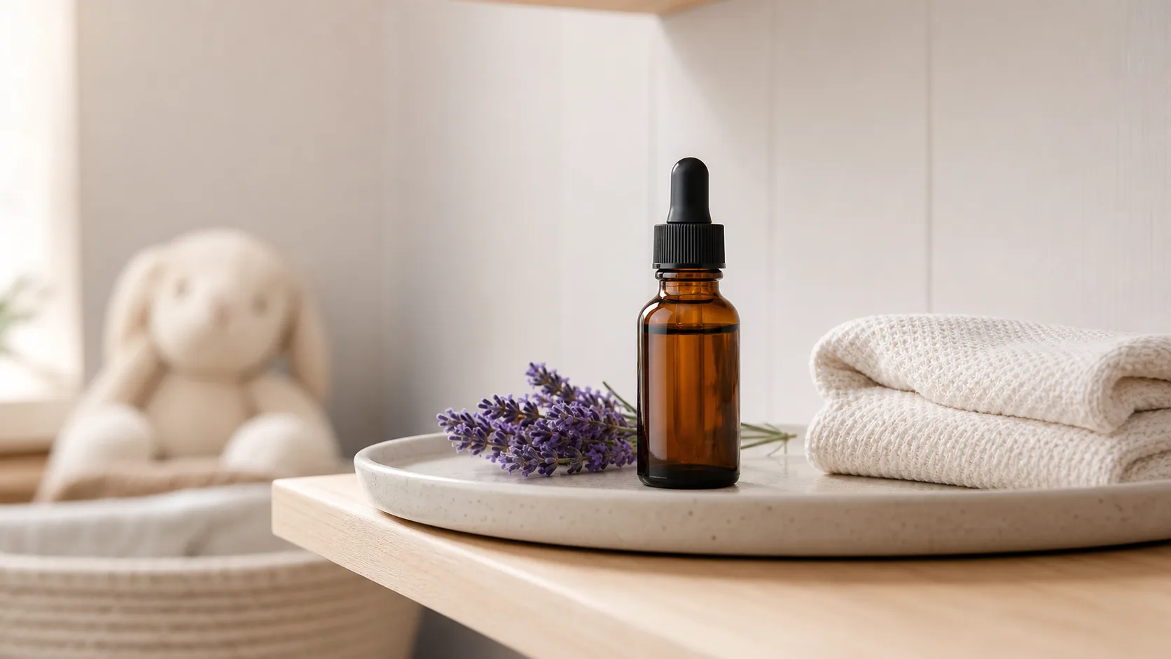 Plain amber dropper bottle with lavender sprigs on a high nursery bathroom shelf