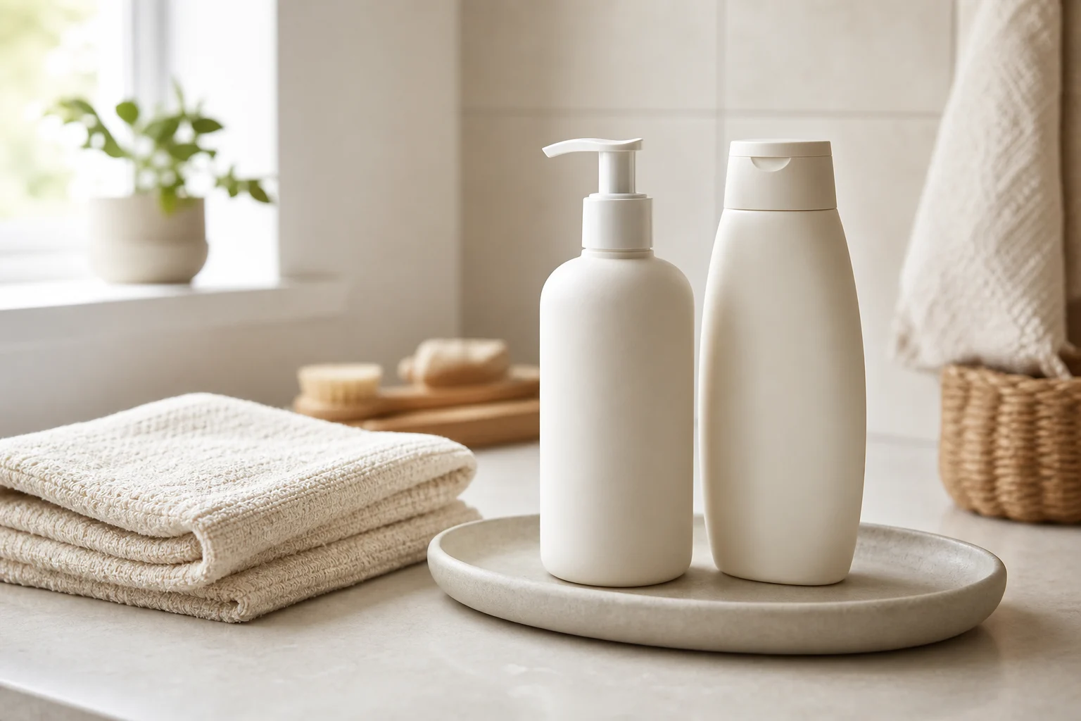 Plain unlabeled lotion and shampoo bottles on a neutral bathroom counter beside folded cotton towels