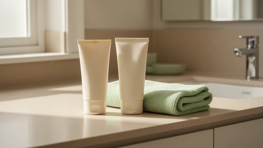 Plain baby care items on a bathroom counter with soft daylight and no visible labels