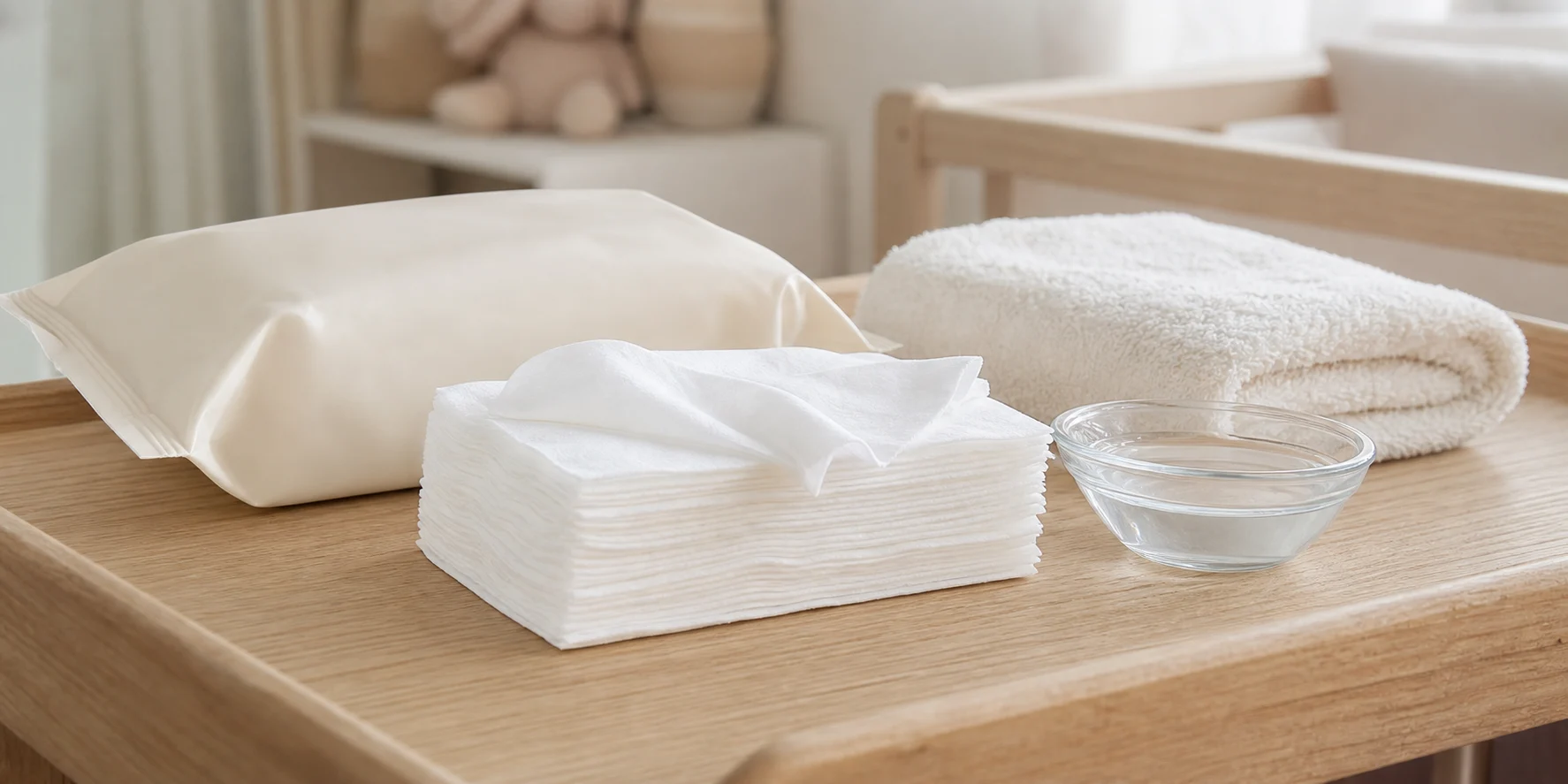 Plain baby wipes and an unlabeled cream wipe pouch on a neutral nursery changing table