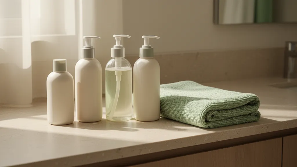 Minimal baby bath setup with plain unlabeled bottles and a folded cotton towel on a neutral counter
