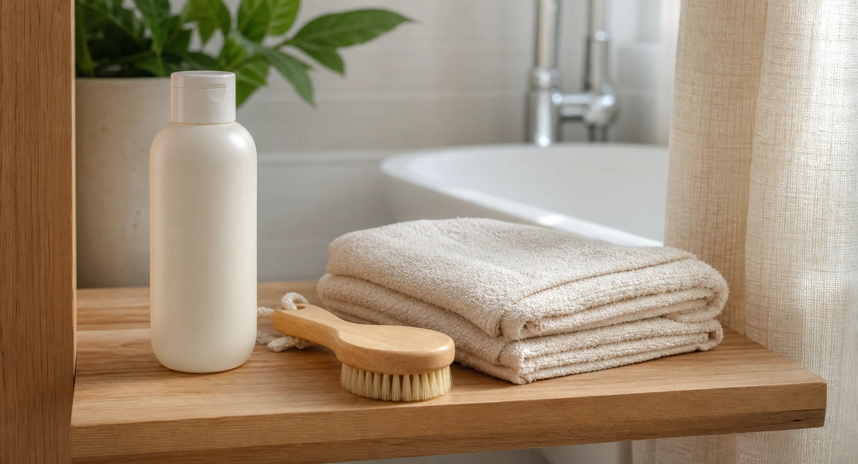 Plain unlabeled kids shampoo bottle beside a wooden bath brush and folded cotton towel